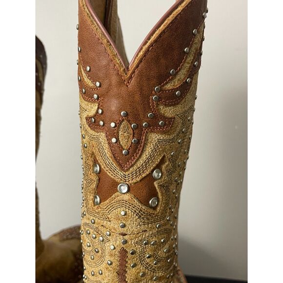 Johnny Ringo Rhinestone Cowgirl Tan Leather Boots Women’s 9B JR922-43 - Picture 9 of 16